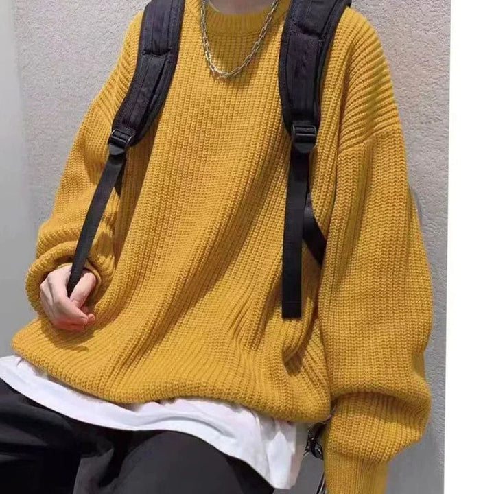 Men's Oversized Crew-Neck Ribbed Knitted Sweater - Yellow