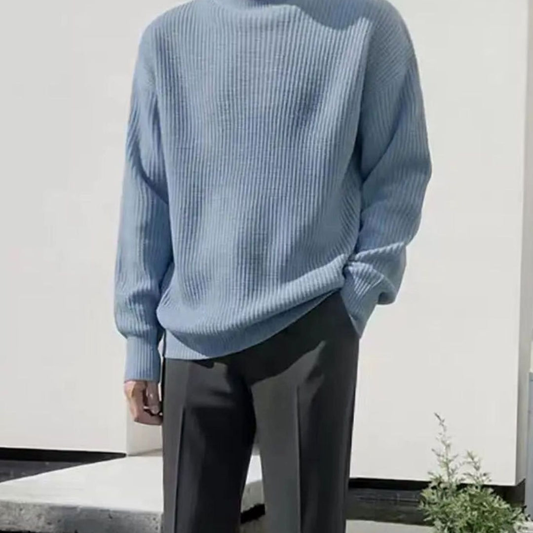 Men's Oversized Crew-Neck Ribbed Knitted Sweater - Light Blue