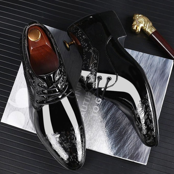 Men's Patent Embossed Lace-Up Derby Formal Shoes, Black - Black