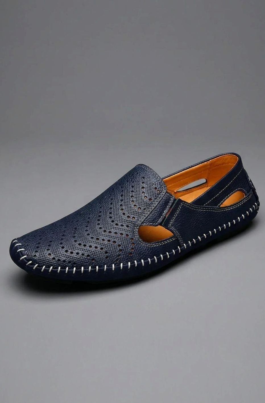 Men's Perforated Hand-Stitched Slip-On Driving Loafers, Navy Blue