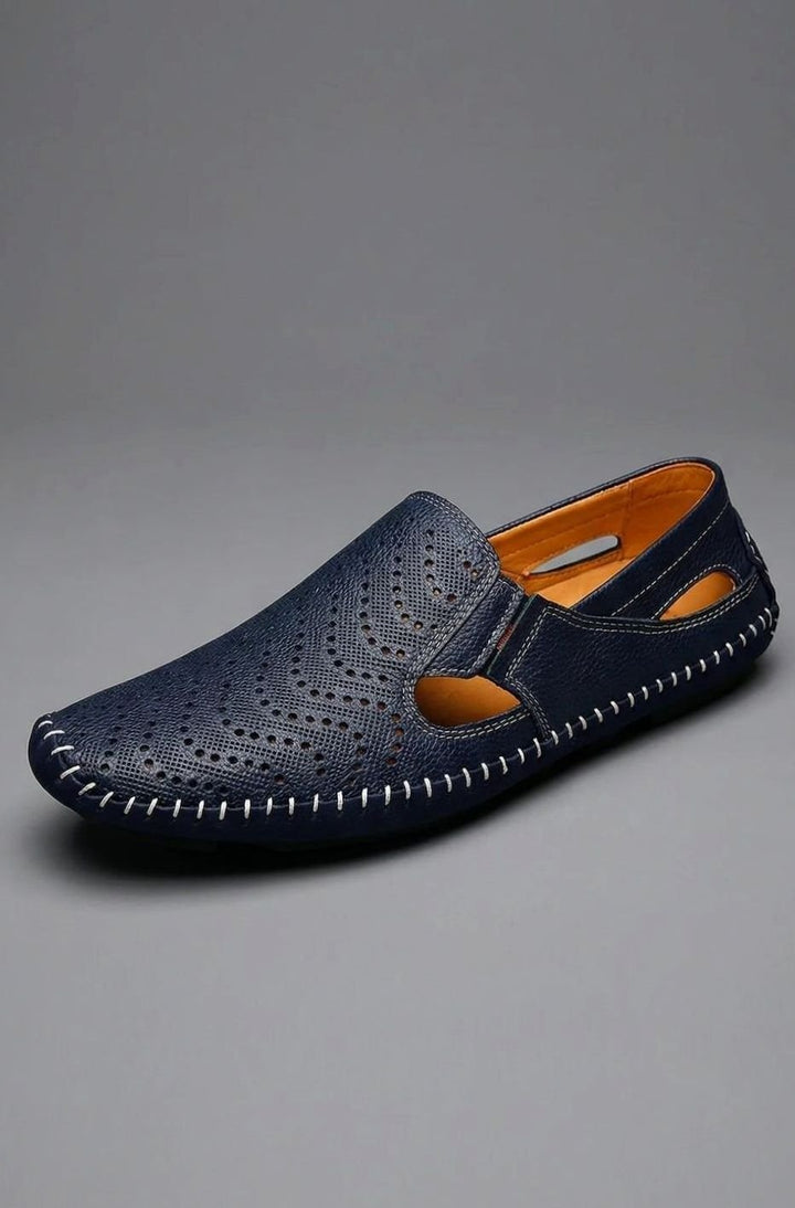 Men's Perforated Hand-Stitched Slip-On Driving Loafers, Navy Blue