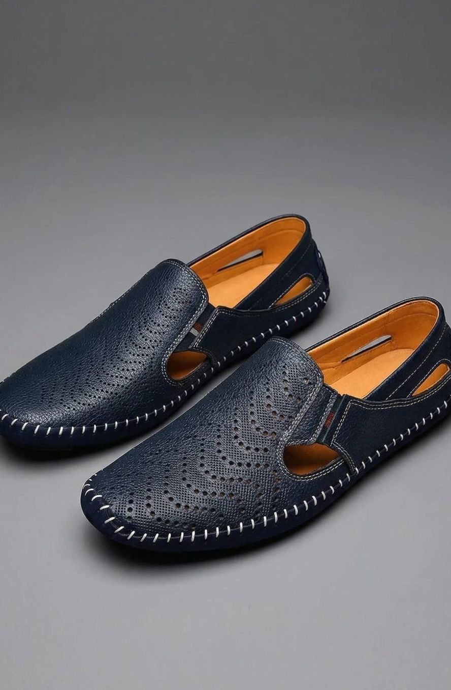 Men's Perforated Hand-Stitched Slip-On Driving Loafers, Navy Blue - Navy