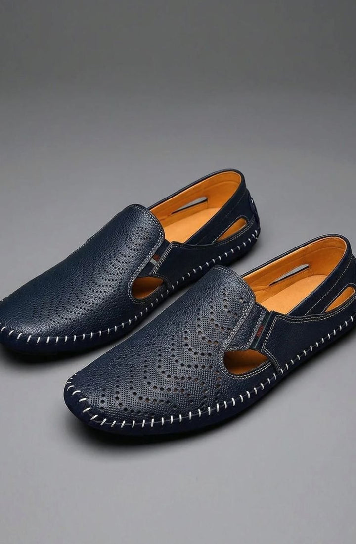 Men's Perforated Hand-Stitched Slip-On Driving Loafers, Navy Blue - Navy