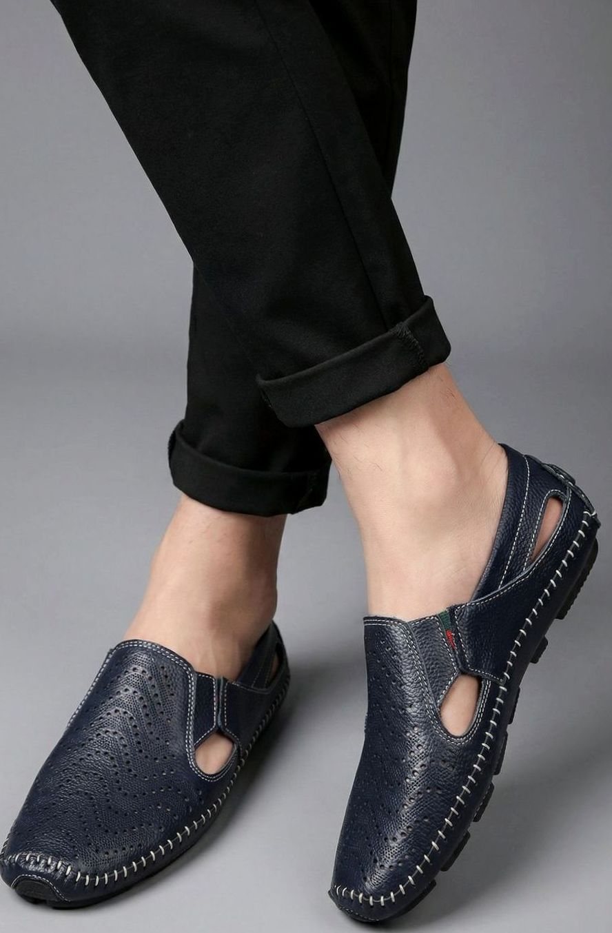 Men's Perforated Hand-Stitched Slip-On Driving Loafers, Navy Blue
