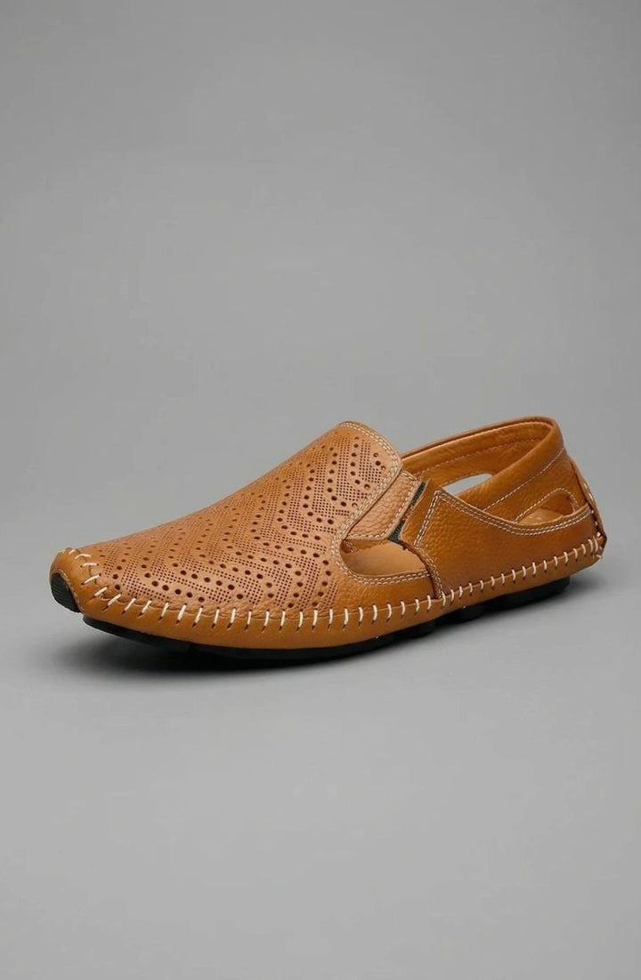 Men's Perforated Hand-Stitched Slip-On Driving Loafers, Navy Blue - Brown