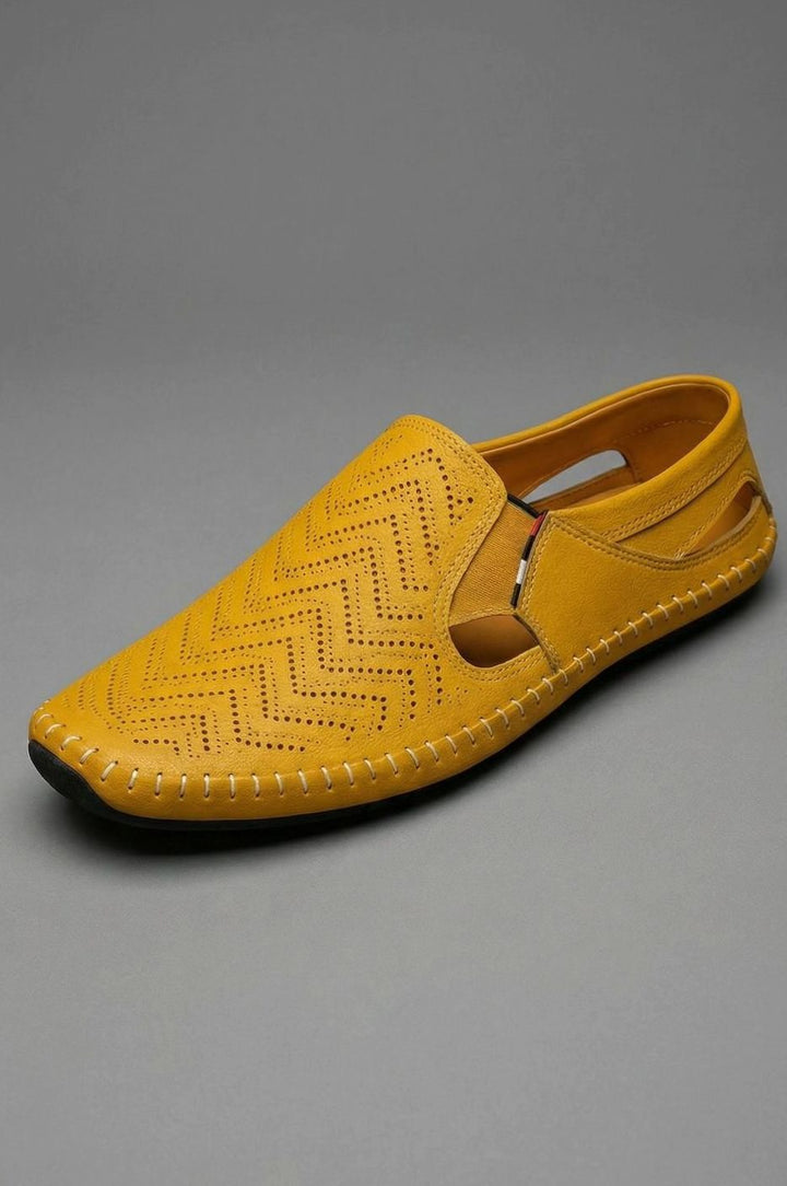 Men's Perforated Hand-Stitched Slip-On Driving Loafers, Navy Blue - Yellow