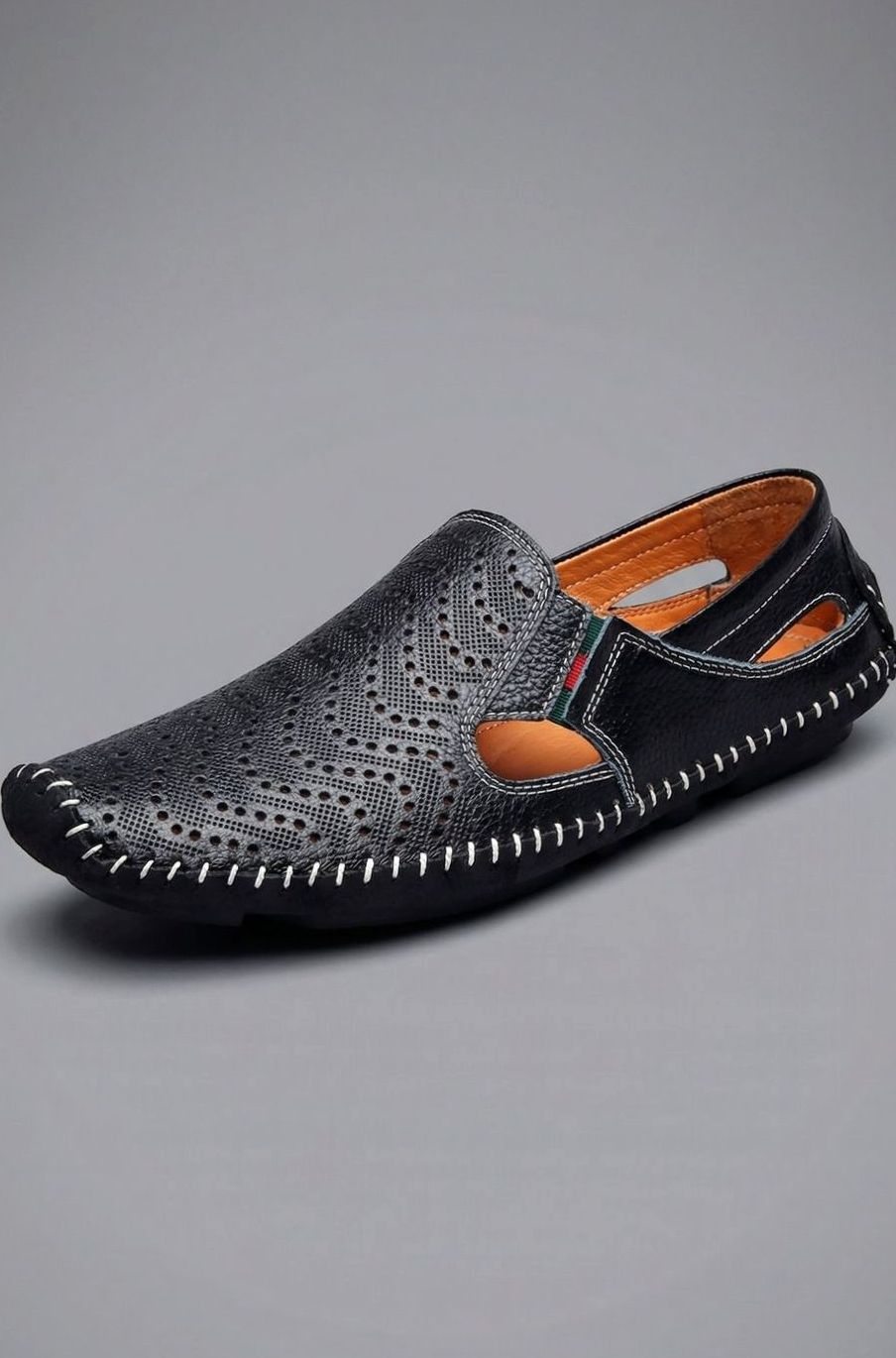Men's Perforated Hand-Stitched Slip-On Driving Loafers, Navy Blue - Black