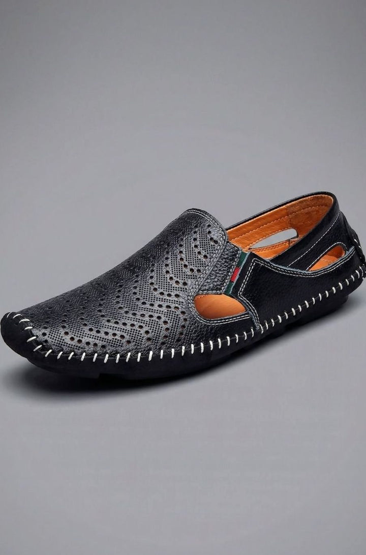 Men's Perforated Hand-Stitched Slip-On Driving Loafers, Navy Blue - Black