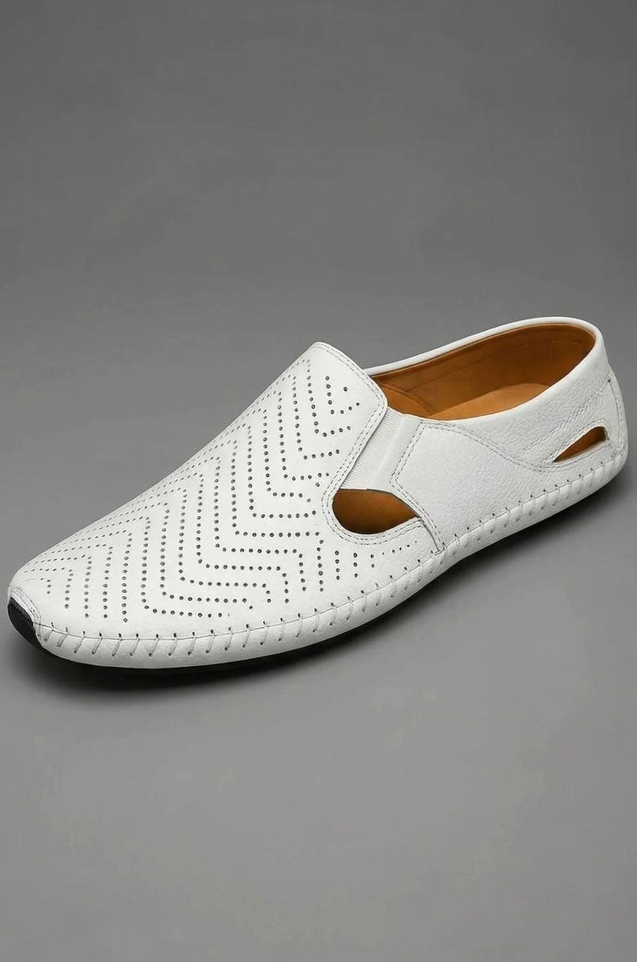 Men's Perforated Hand-Stitched Slip-On Driving Loafers, Navy Blue - White