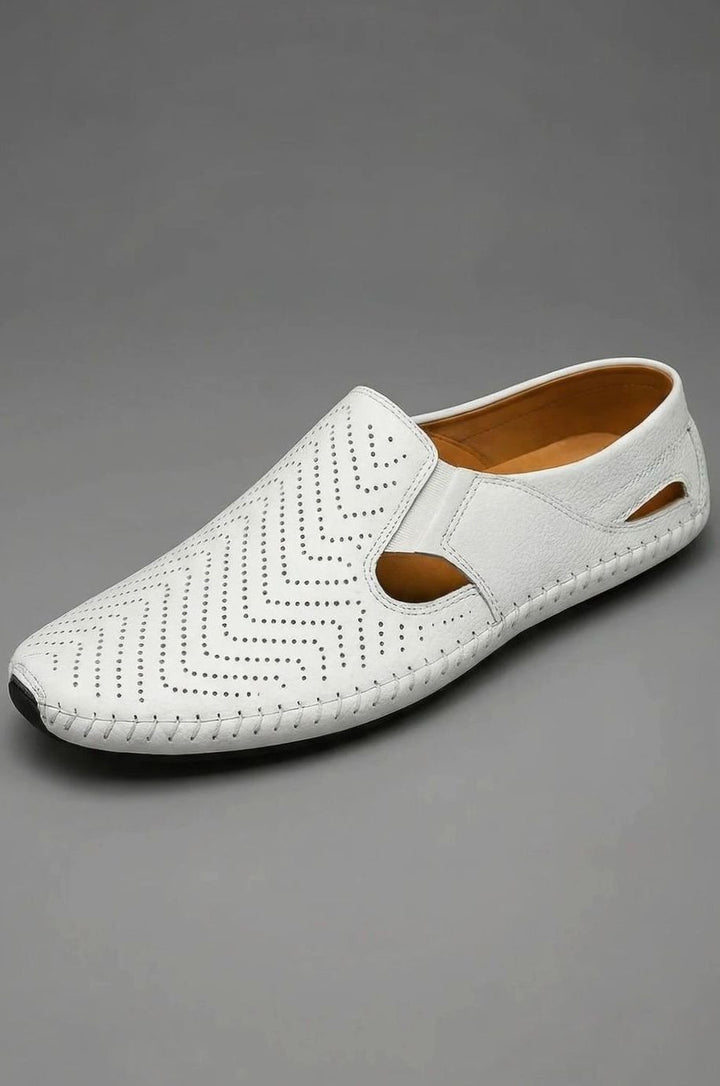 Men's Perforated Hand-Stitched Slip-On Driving Loafers, Navy Blue - White