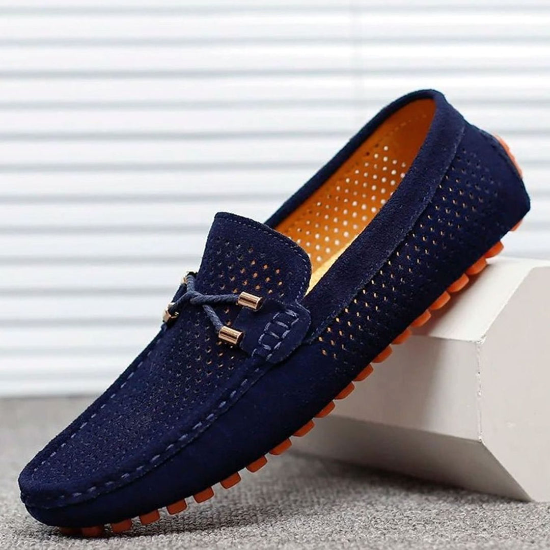 Men's Perforated Suede Slip-On Loafers Contrast Sole, Navy Blue - Blue