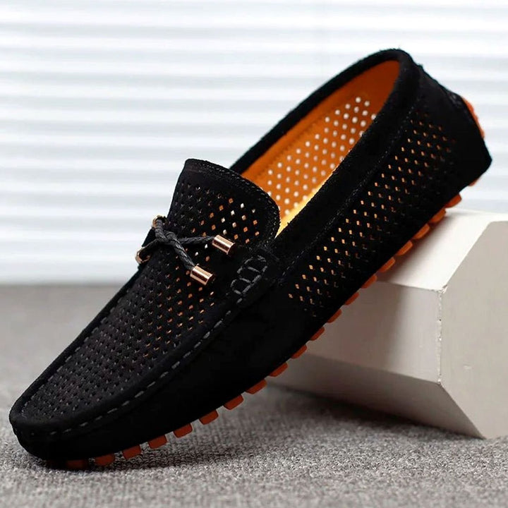 Men's Perforated Suede Slip-On Loafers Contrast Sole, Navy Blue - Black