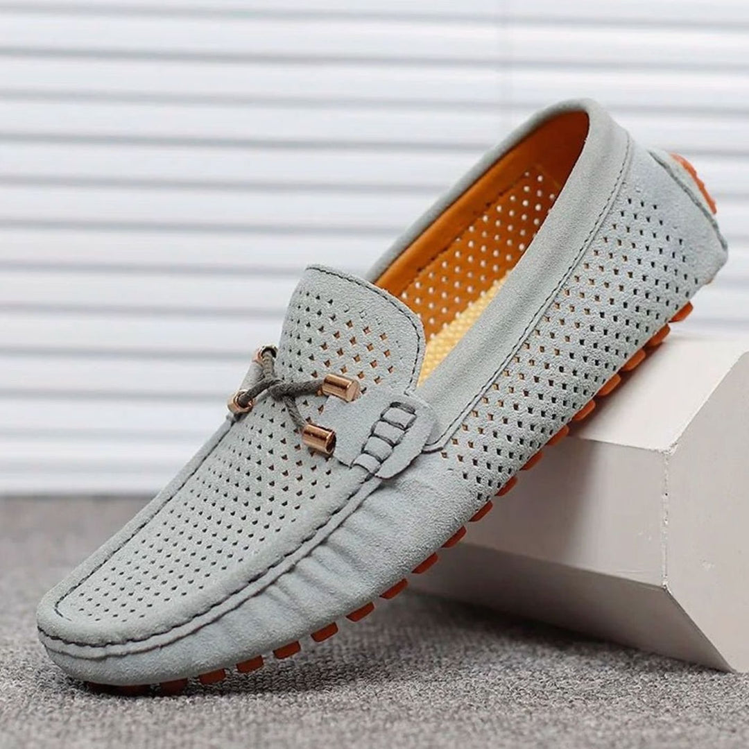 Men's Perforated Suede Slip-On Loafers Contrast Sole, Navy Blue - Grey