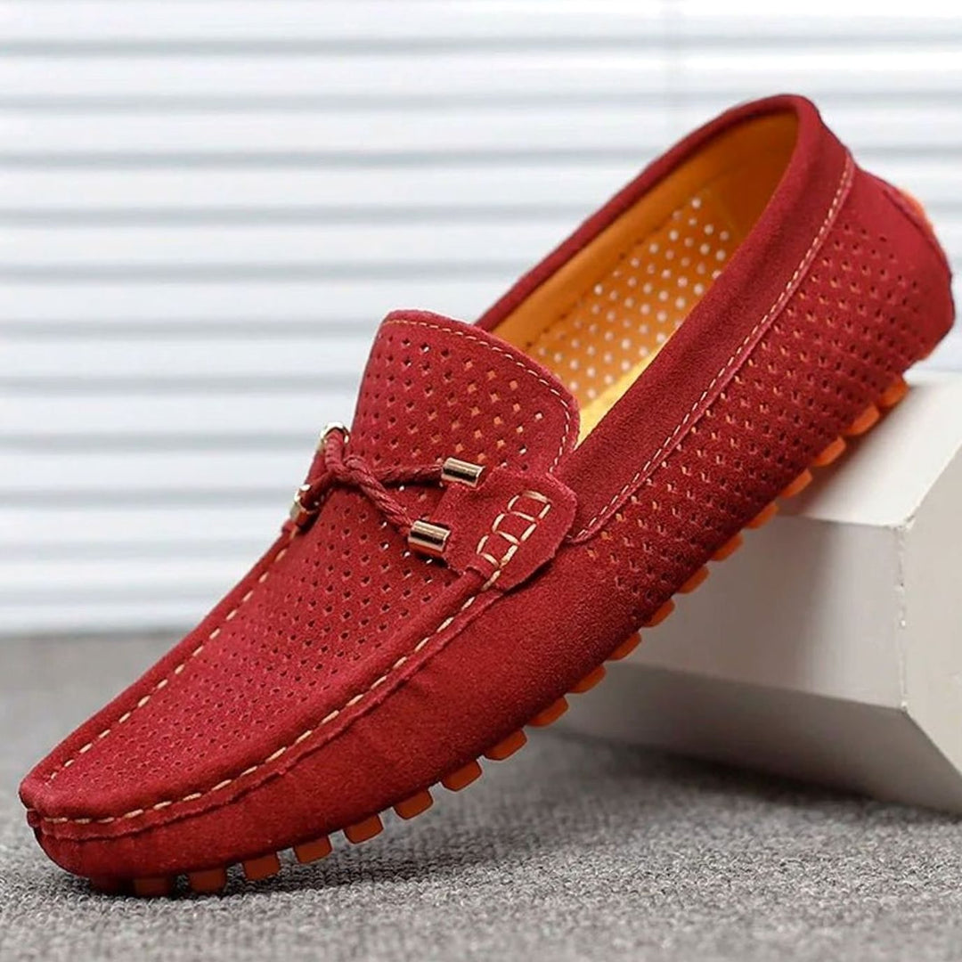 Men's Perforated Suede Slip-On Loafers Contrast Sole, Navy Blue - Red
