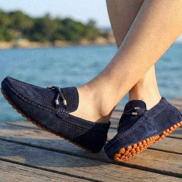 Men's Perforated Suede Slip-On Loafers Contrast Sole, Navy Blue