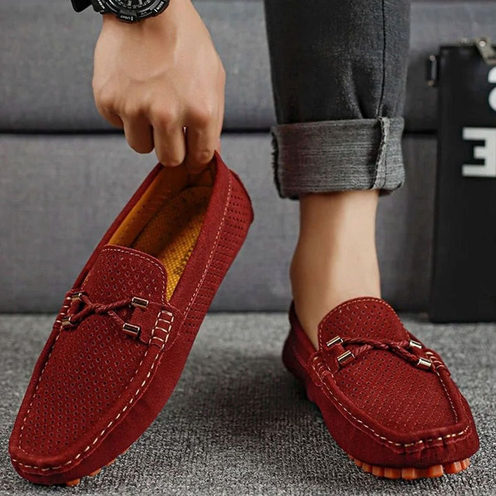 Men's Perforated Suede Slip-On Loafers Contrast Sole, Navy Blue
