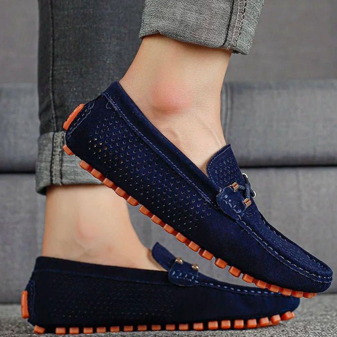 Men's Perforated Suede Slip-On Loafers Contrast Sole, Navy Blue