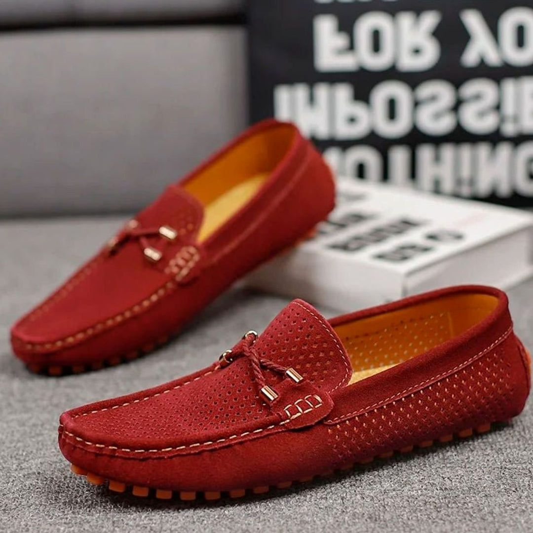 Men's Perforated Suede Slip-On Loafers Contrast Sole, Navy Blue