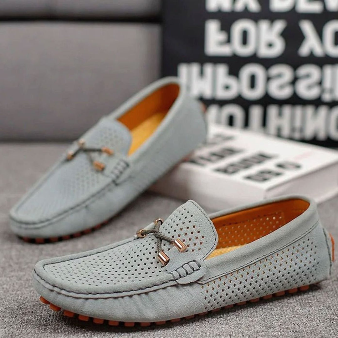 Men's Perforated Suede Slip-On Loafers Contrast Sole, Navy Blue