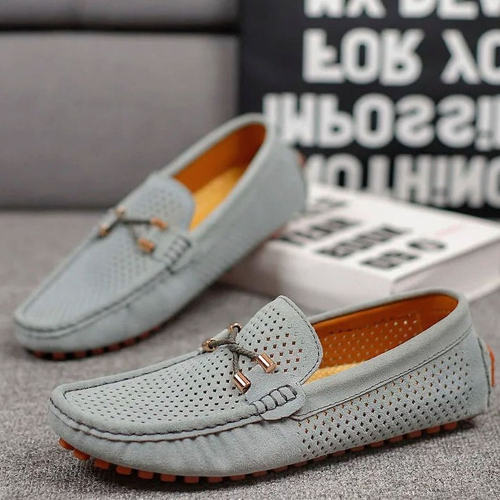 Men's Perforated Suede Slip-On Loafers Contrast Sole, Navy Blue
