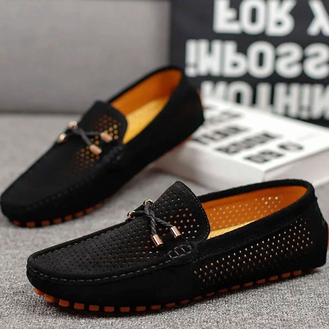 Men's Perforated Suede Slip-On Loafers Contrast Sole, Navy Blue