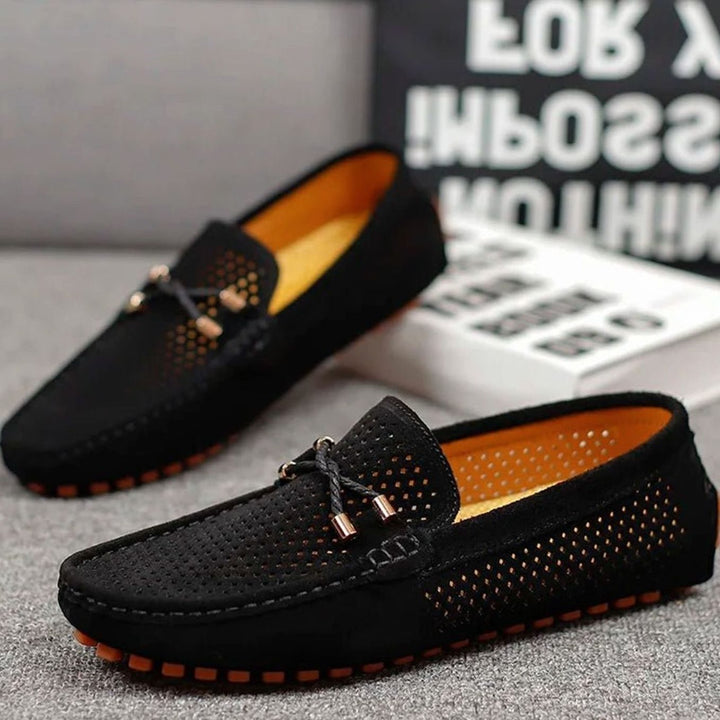 Men's Perforated Suede Slip-On Loafers Contrast Sole, Navy Blue