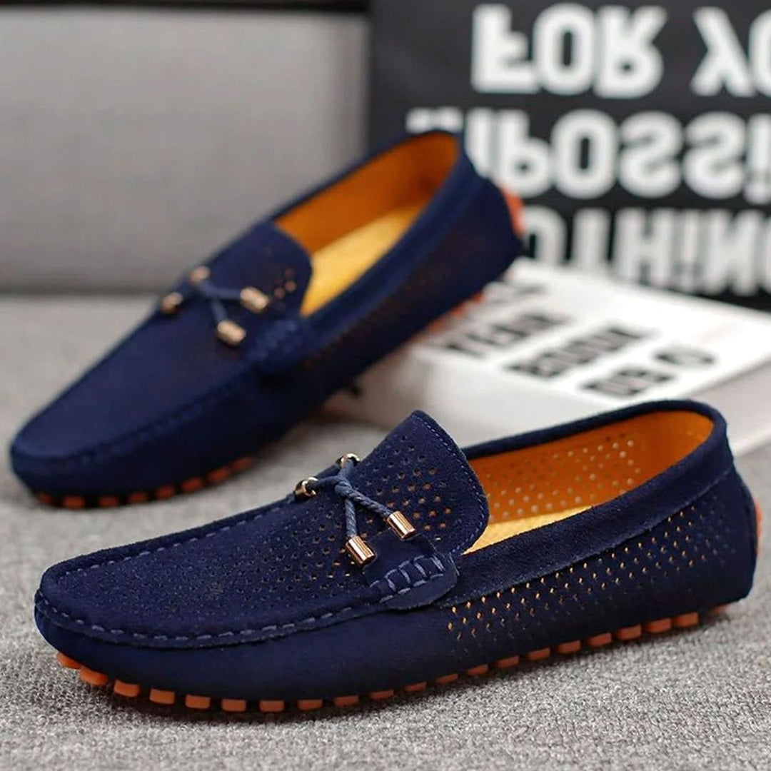 Men's Perforated Suede Slip-On Loafers Contrast Sole, Navy Blue
