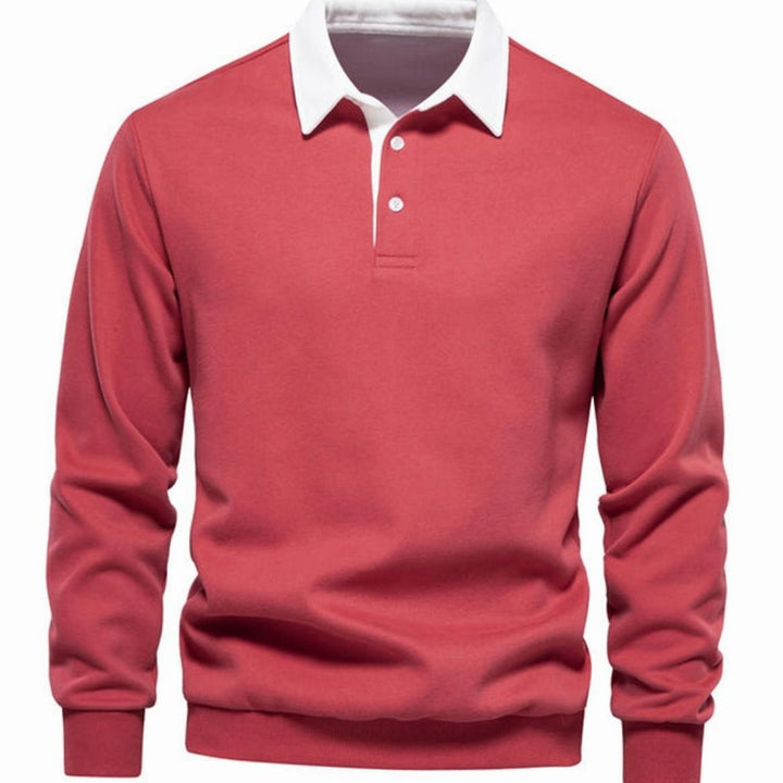 Men's Polo-Collar Knitted Sweater Ribbed-Cuff Winter Pullover - Red
