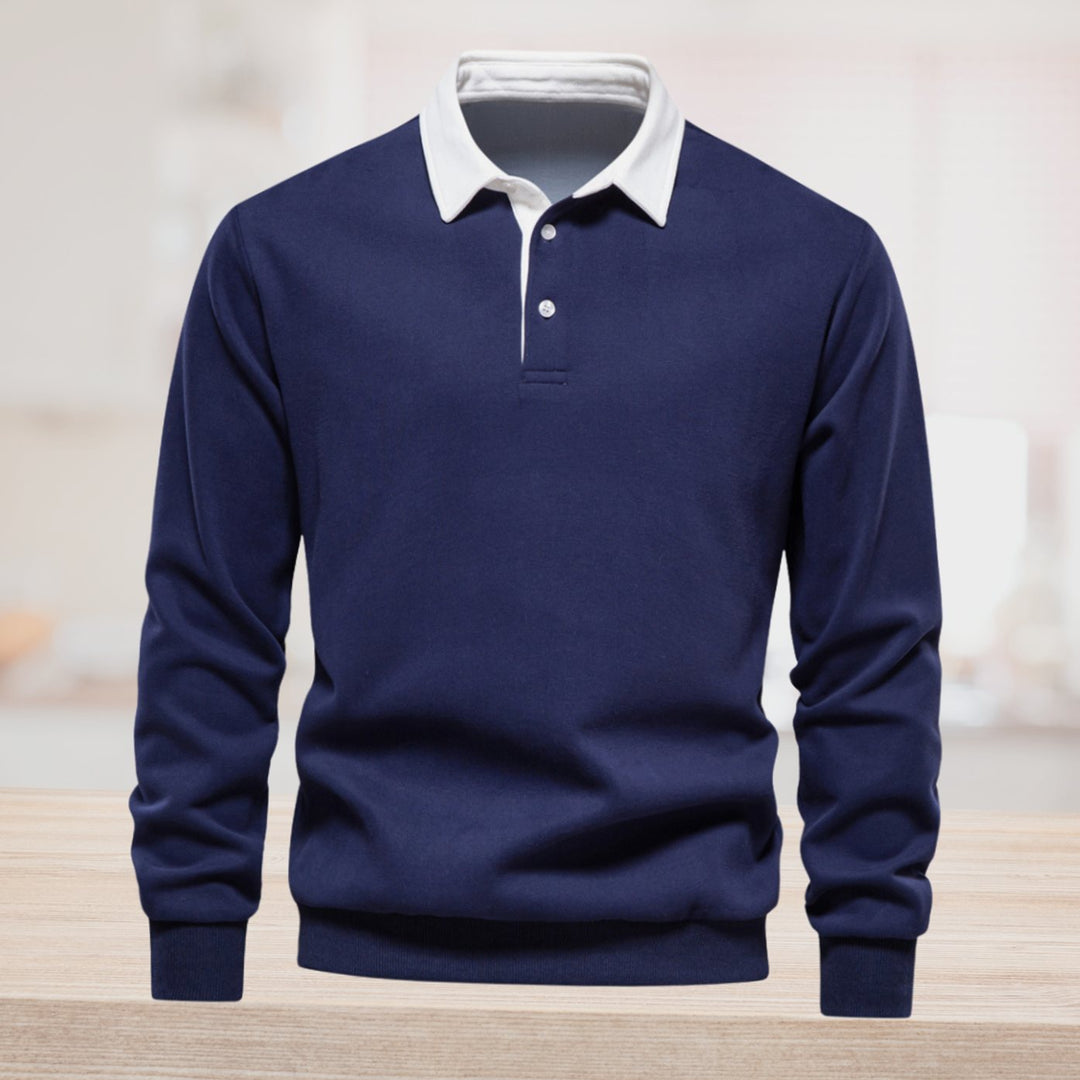 Men's Polo-Collar Knitted Sweater Ribbed-Cuff Winter Pullover