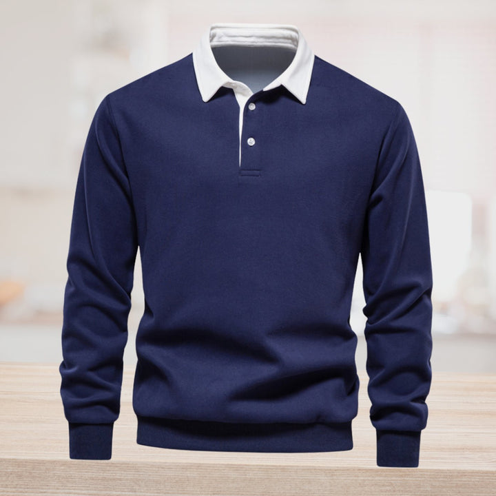 Men's Polo-Collar Knitted Sweater Ribbed-Cuff Winter Pullover