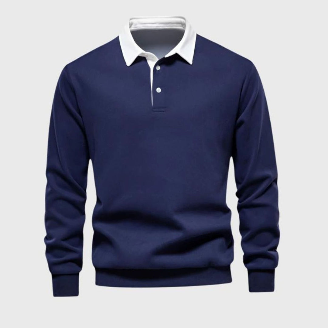 Men's Polo-Collar Knitted Sweater Ribbed-Cuff Winter Pullover - Blue