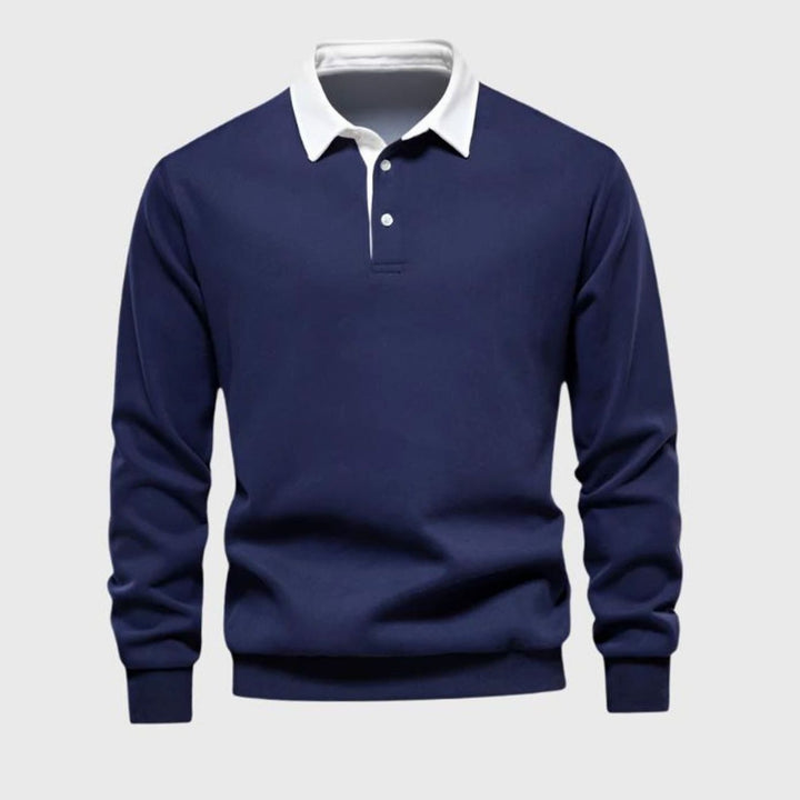 Men's Polo-Collar Knitted Sweater Ribbed-Cuff Winter Pullover - Blue