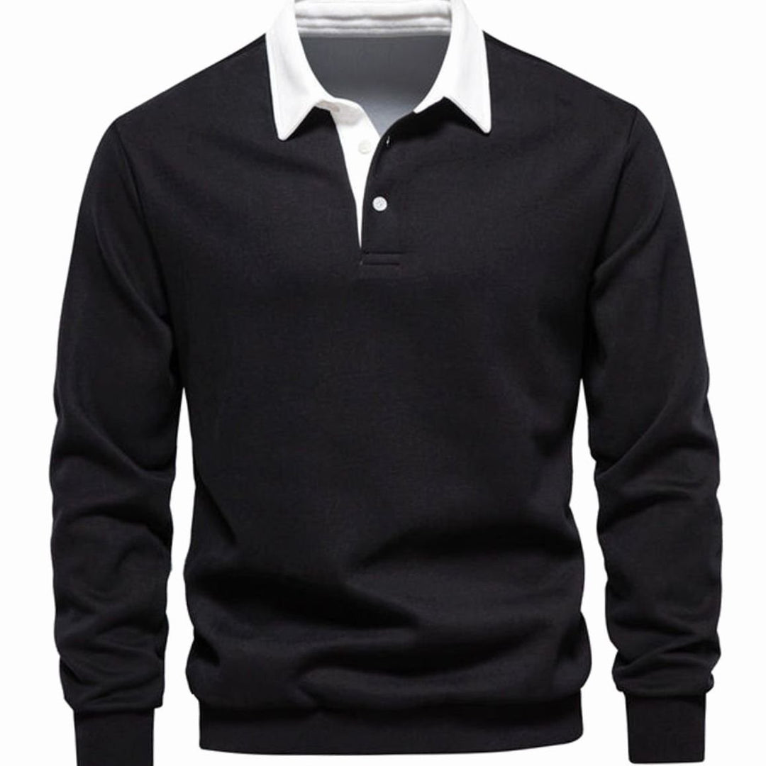 Men's Polo-Collar Knitted Sweater Ribbed-Cuff Winter Pullover - Black