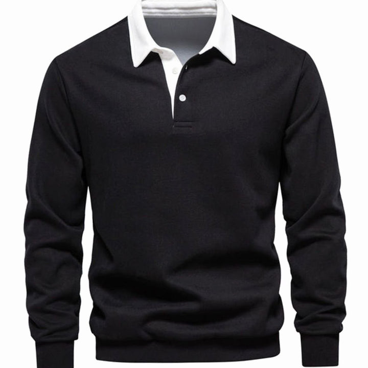 Men's Polo-Collar Knitted Sweater Ribbed-Cuff Winter Pullover - Black