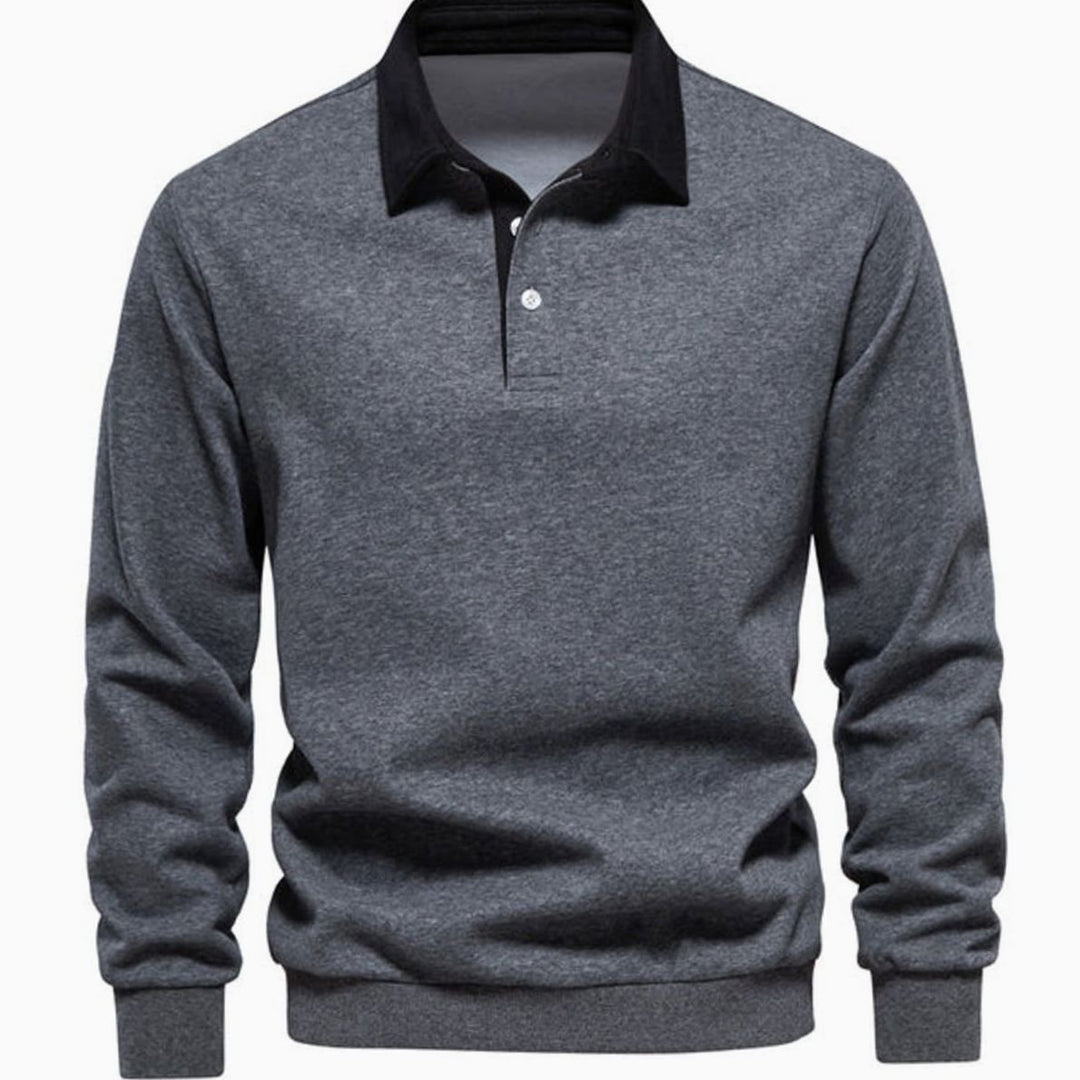 Men's Polo-Collar Knitted Sweater Ribbed-Cuff Winter Pullover - Grey