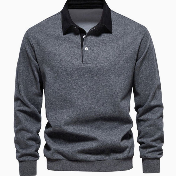 Men's Polo-Collar Knitted Sweater Ribbed-Cuff Winter Pullover - Grey