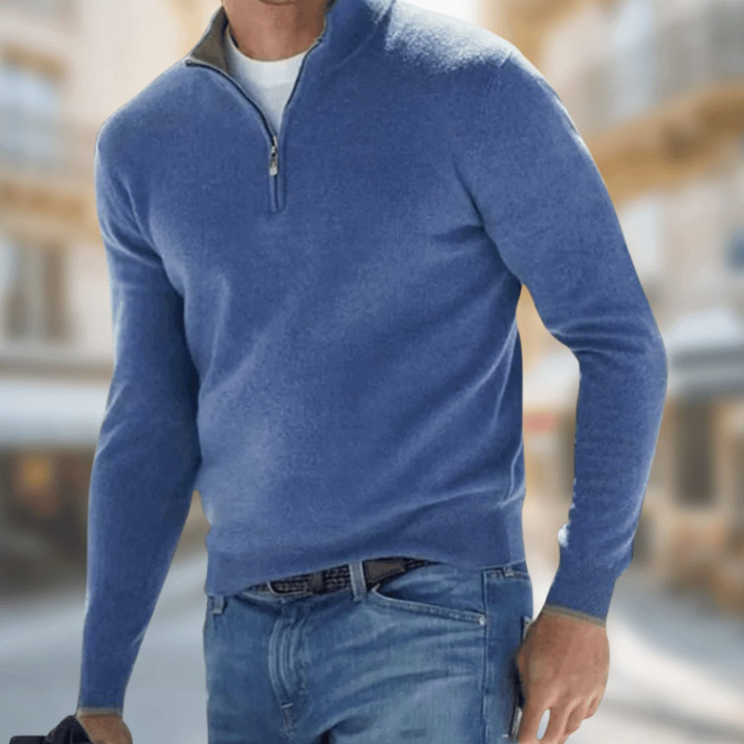 Men's Quarter-Zip Knit Pullover Jumper Long Sleeve - Blue