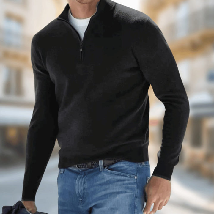 Men's Quarter-Zip Knit Pullover Jumper Long Sleeve - Black