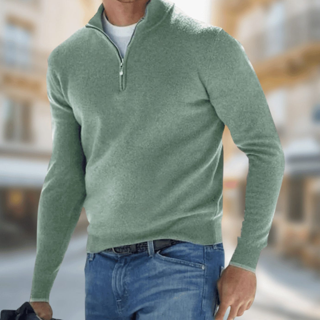 Men's Quarter-Zip Knit Pullover Jumper Long Sleeve - Green