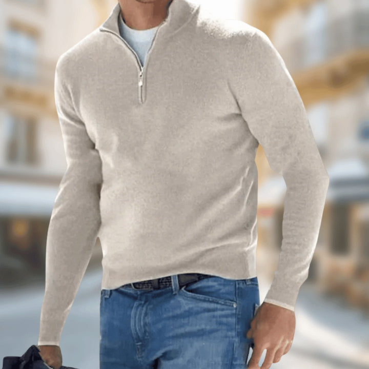 Men's Quarter-Zip Knit Pullover Jumper Long Sleeve - Beige