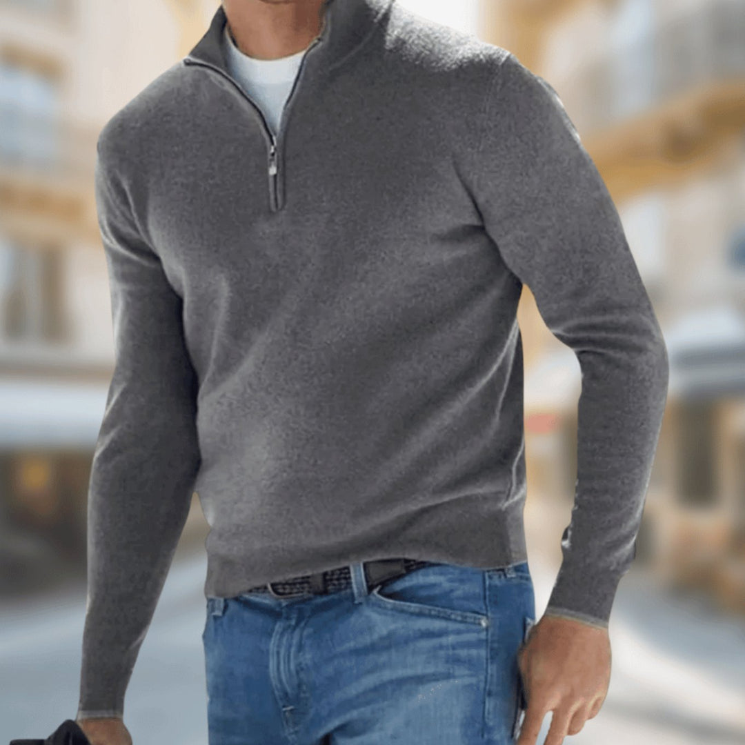 Men's Quarter-Zip Knit Pullover Jumper Long Sleeve - Grey