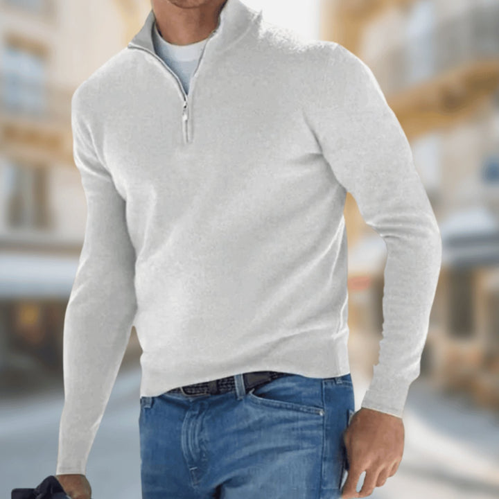 Men's Quarter-Zip Knit Pullover Jumper Long Sleeve - White