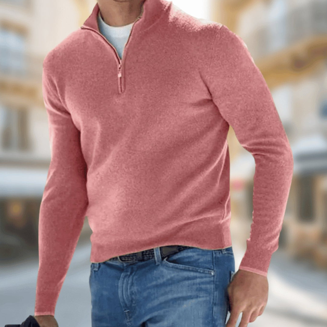 Men's Quarter-Zip Knit Pullover Jumper Long Sleeve - Red