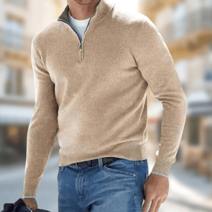 Men's Quarter-Zip Knit Pullover Jumper Long Sleeve - Brown