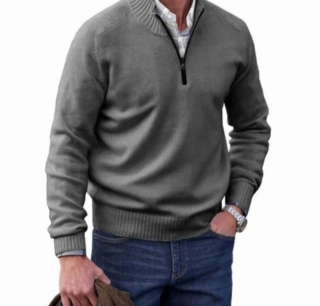 Men's Quarter-Zip Knitted Sweater Cotton Blend Jumper - Grey