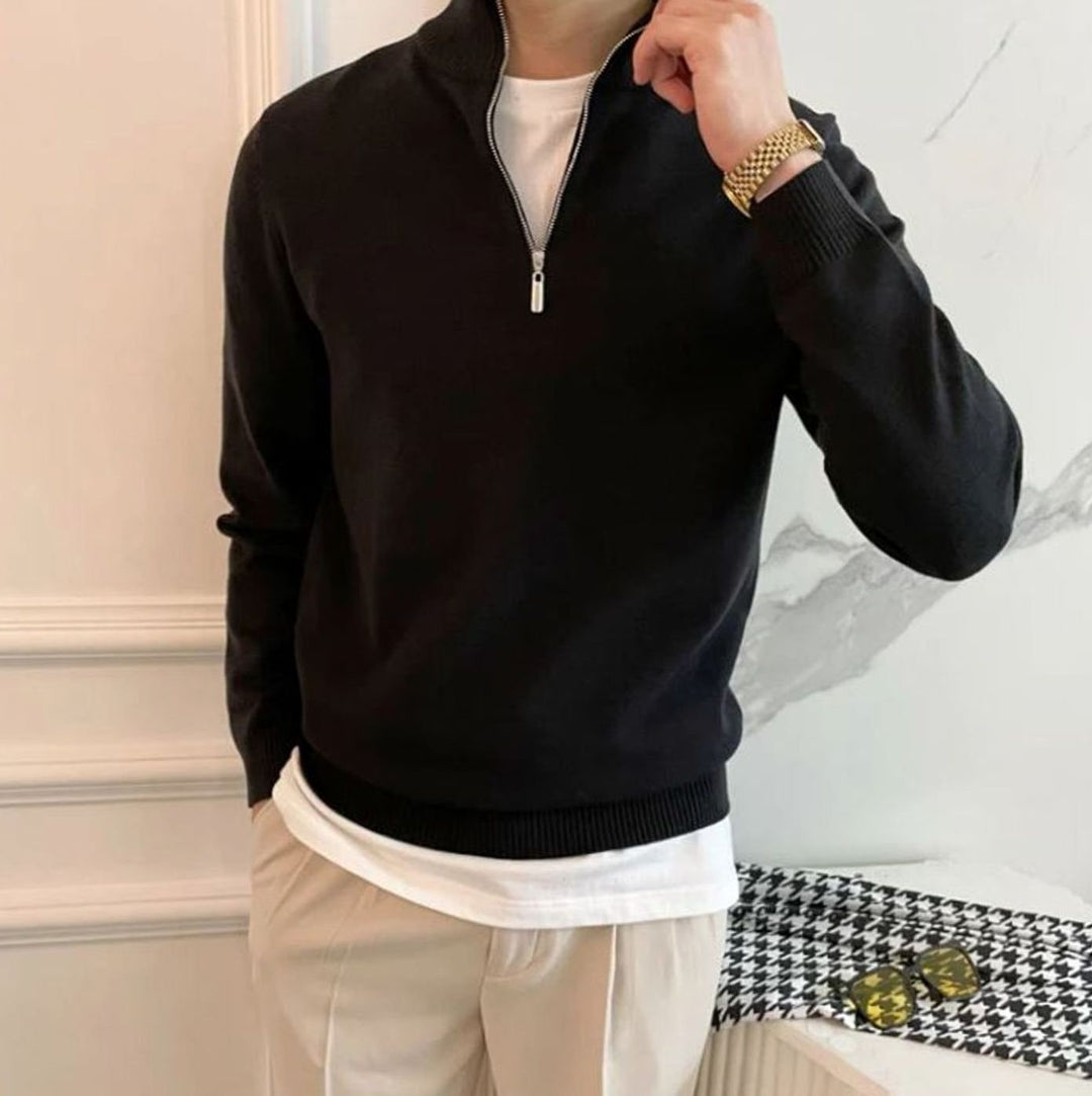 Men's Quarter-Zip Knitted Sweater Cotton Blend Jumper - Black