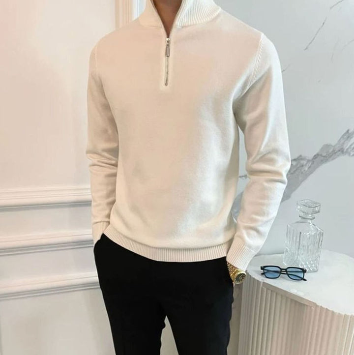 Men's Quarter-Zip Knitted Sweater Cotton Blend Jumper - White