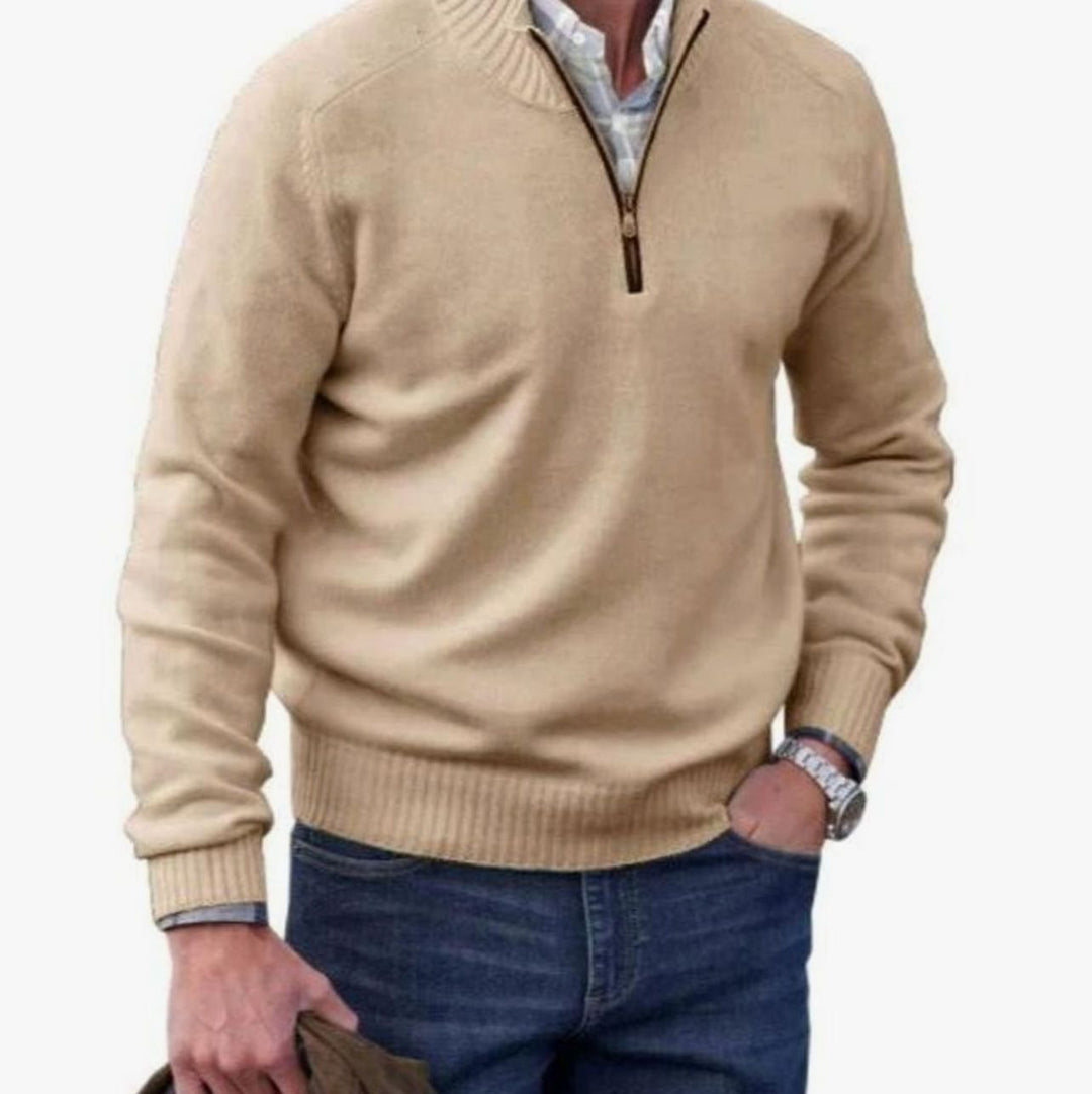 Men's Quarter-Zip Knitted Sweater Cotton Blend Jumper - Beige