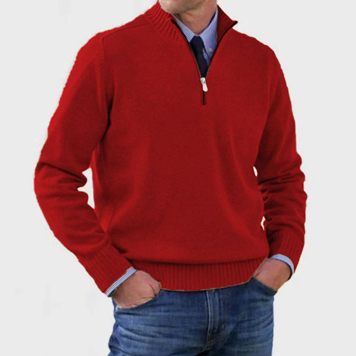 Men's Quarter-Zip Knitted Sweater Ribbed-Cuff Pullover Jumper - Red
