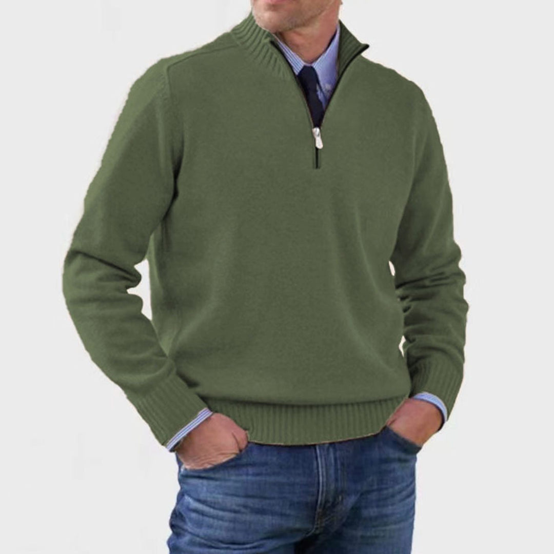 Men's Quarter-Zip Knitted Sweater Ribbed-Cuff Pullover Jumper - Dark Green